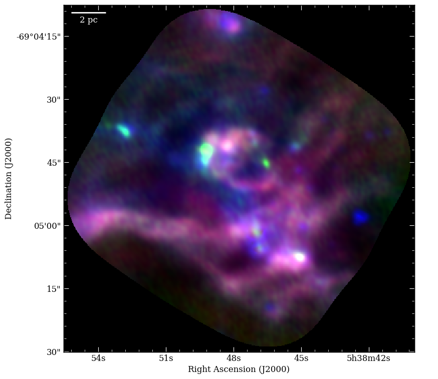 3-color map of 30 Dor-10 with ALMA Bands 3 and 6 and SPITZER 3.6 microns.